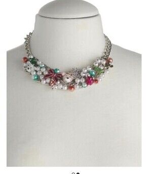NWT BETSEY JOHNSON Silver Tone Festive Holiday Christmas Baubles Bib Necklace